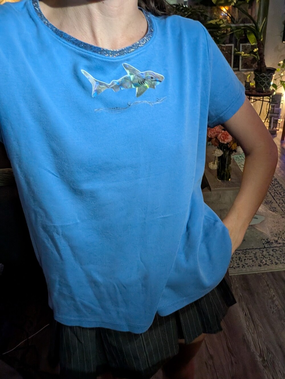 Laura Scott Light Blue Short Sleeve Tee with Handmade Shark Graphic